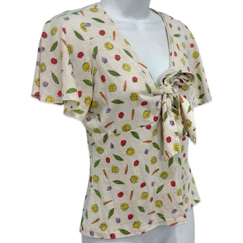 Vintage Tie Front Ivory Vegetable Print Carrot Tomato Peas Lettuce Tee size S - Picture 3 of 10